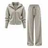 Conjunto de Cardigã com Zíper Cor Sólida Outono e Inverno para Mulheres, Conjunto de Calça Wide Leg com Cordão Transfronteiriço, Conjunto de Duas Peças de Tricô Slim Fit