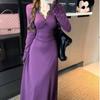 Vestido Largo Morado con Encaje Francés y Mangas Largas para Mujer Ajustado para Usar como Base Falda Larga que Cubre la Cadera Estilo Hermana Real