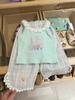 Traje de Niña 2024 Verano Nuevo Llegada Estilo Coreano Infantil Estampado de Dibujos Animados Cuello de Flor 3D Camisola Pantalones de Raya Prellet