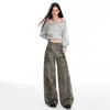 Jeans de Leopardo Lavados Retro con Efecto Desgastado para Otoño e Invierno, Pantalones de Pierna Ancha Sueltos Adelgazantes para Mujer, Pantalones Rectos Largos Casuales