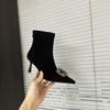 Botas femininas francesas de salto agulha e fivela quadrada, bico fino, outono e inverno 2023, novas botas finas elásticas de salto alto com strass