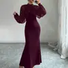 Moda Feminina Transfronteiriça Europeia e Americana 2026 Elegante Vestido Longo Sereia com Renda e Strass de Manga Longa Acinturado
