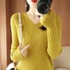 Nueva camisa base para mujer, elegante, de punto, de manga larga, 2024, corte entallado, cuello en V, suéter, combina con todo, moda, corte entallado
