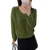 Suéter de tricô crochê com decote V, cor sólida, vazado, versátil, caimento solto, manga longa, estilo francês, casual, outono, estilo preguiçoso
