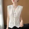 Top de Renda Sem Manga Estilo Francês Decote V Ajuste ao Corpo Verão Sexy Vazado Colete para Camada ou Roupa Externa