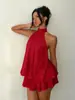 Top de Verano Sexy Cruzado Europeo y Americano para Mujer, Delgado, Espalda Descubierta, Cuello Halter, Cordones en la Cintura, Vestido con Falda Voluminosa
