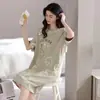 Pijama Popular de Verano para Mujer, Bonita Camisón de Manga Corta, Falda Midi Delgada de Dibujos Animados Talla Grande de Verano, Ropa de Casa que se Puede Usar Afuera