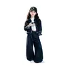 Conjunto jeans para meninas, nova coleção primavera/outono 2026, jaqueta da moda estilo coreano e calça de perna larga, conjunto de duas peças para meninas do ensino fundamental