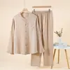 Pijama de Algodão Puro com Textura Plissada em Gaze Dupla, 60 Contagens, Manga Longa para Casal, Roupa de Casa, Conjunto Elegante e Descontraído