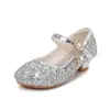 Saltos Altos Infantis Sapatos Femininos Nova Moda Estudantes Lantejoulas Prateadas Sapatos de Performance Etiqueta Feminina Flor Sapatos Infantis
