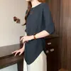 Moda de Verano para Mujer Tallas Grandes Nuevo Estilo Elegante Hombros Descubiertos Mangas Murciélago Ceñido a la Cintura Adelgazante Tejido de Seda Helada Top