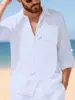Nova Camisa de Linho Masculina de Manga Longa, Camisa Casual de Praia com Caimento Solto e Colarinho, Camisa Lisa de Manga Longa