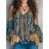 Novedad Primavera/Verano 2026 Blusa de Gasa Estampado Paisley Azul Cian y Ámbar Estilo Bohemio Europeo y Americano con Mangas Volantes