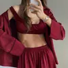 Camisola de seda helada, top de manga larga y pantalones largos, conjunto de pijama de tres piezas holgado y cómodo, nuevo conjunto para el hogar otoño/invierno 2026 europeo y americano