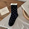 Nuevos Calcetines de Otoño/Invierno Color Sólido Hoja de Arce Pequeña Floral Ribete de Oreja de Madera Media Pierna para Mujer Estilo Coreano Retro Encaje Simples Versátiles Calcetines de Algodón