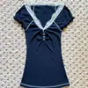 Nuevo top de verano para mujer con ribete de encaje azul marino, sencillo, corte ajustado, sexy, cuello en V, manga corta, camiseta, venta al por mayor