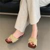 Sandálias Femininas Slip-On de Salto Grosso Tecidas em Estilo Francês Retrô, Novas Sandálias de Dedo Aberto Estilo Fada 2026 Estilo Coreano de Nicho