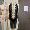 Conjunto de lencería sexy talla extra con abertura alta, body de cuello halter, tentación de cadena, camisón de encaje transparente para mujer