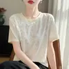 Nova Camiseta Pulôver Feminina Jacquard Pesado de Malha com Gola Redonda e Manga Curta de Seda - Coleção Primavera/Verão 2026