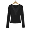 Camiseta de Manga Larga con Encaje Patchwork y Cuello en V Profundo para Mujer, Estilo Spicy Girl Pure Desire, Top Base Ajustado para Otoño e Invierno