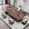 Mesa de Chá de Madeira Maciça com Tampo Grande de Madeira, Novo Estilo Chinês Zen Arte do Chá Mesa de Chá e Conjunto de Cadeiras, Mesa de Chá para Preparo de Chá e Reuniões