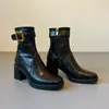 Versión de Cuero 7cm Suela Silenciosa Botines Elegantes de Tacón Alto de Cuero Suave para Mujer Punta Cuadrada Tacón Grueso Botines Delgados Otoño/Invierno