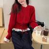 Suéter de punto rojo de Año Nuevo para mujer, diseño de estilo dulce de invierno, camisa de manga larga con volantes y cordones