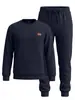 Conjunto esportivo masculino, jacquard liso com etiqueta de couro, moletom de gola redonda, calça casual solta com cordão e punhos, estilo casual americano