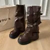 Botas Femininas de Salto Grosso com Fivela de Moda, Pregas Empilhadas e Cano de Calça, Novo Estilo 2026, Bota Alta Destacável de Uso Duplo