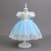 Vestido de Princesa com Laço Infantil Vestido de Menina Rapunzel Vestido de Tule Bela Adormecida Vestido Manga Bufante