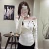 Top de punto de manga larga con hombros rojos estilo retro francés para mujer, corte entallado, elegante diseño interior con solapa, para otoño