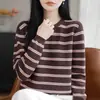 Suéter tejido de punto de algodón puro a rayas retro con cuello redondo para mujer, de manga larga, corte holgado, adelgazante, versátil, casual, estilo perezoso, suéter básico