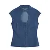 Ins ropa de mujer al por mayor estilo europeo y americano transfronteriza diseño hueco efecto mezclilla top de botones 6929264
