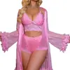 Lencería Sexy de Encaje de Color Sólido para Mujer Transfronteriza, Bata Sencilla para Dormir Diariamente, Conjunto de Tres Piezas, Más Vendido en Comercio Exterior