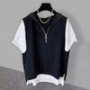 Camiseta de manga curta falsa com zíper de duas peças, masculina, estilo coreano, moda, combinando, bonita, com capuz, meia manga, top, marca da moda, solto