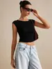 Top Redondo de Manga Corta Estilo Europeo y Americano Transfronterizo para Mujer, Diseño Veraniego sin Espalda con Detalle de Anillo, Camiseta Corta Ajustada que Ceñe la Cintura, Suministro Directo en Stock