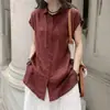 Linda camisa de algodão e linho de comprimento médio com mangas curtas para mulheres, nova coleção de verão 2026, top estiloso de algodão e linho que rejuvenesce.