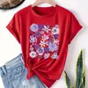 Marca Independente Tamanho Europeu Camiseta com Estampa Floral Manga Curta Casual Gola Redonda Top Primavera/Verão Feminino Gola Redonda Manga Curta