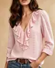 Amazon Roupas Femininas Europeias Americanas Novo Estilo Manga Longa Gola V Babado Cor Sólida Temperamento Elegante Slim Fit Versátil Top