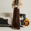 Jeans Khaki para Mulheres, Forrado com Fleece, Espesso, Quente, Corte Solto, Levemente Flare, Não Apertado, Estilo Retro Americano, Cintura Média-Baixa, Que Valoriza a Altura, Emagrecedor