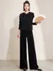 Terno plissado de veludo estilo influencer estilo chinês para mulheres com jaqueta cardigã abotoada e calça de perna larga com cintura elástica