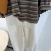 Camiseta de punto a rayas con bloques de color, respetuosa con la piel, con caída, para mujer, versátil, casual, retro, estilizada, cuello redondo, top oversize