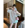 Camiseta Feminina Listrada de Manga Curta Plus Size, Verão, Caimento Solto, Emagrecedora, Fina, Casual, Top Versátil