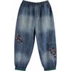 Primavera 2024 nuevo estilo artístico cintura elástica simple flor pequeña bordada jeans harem pantalones casuales de mujer