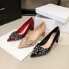 Salto Alto Preto Bico Fino com Strass para Mulheres 2026 Primavera Novo Elegante Salto Bloco Confortável Não Cansativo Sapatos de Salto