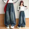 Pantalones de Niña Otoño Nuevo Estampado de Leopardo Jeans de Mezclilla Estilo Americano Retro Lavado Pantalones de Pierna Curva Pantalones Largos para Niña
