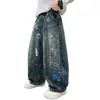 Jeans rectos holgados de pierna ancha para hombre, estilo casual americano, lavados, vintage, con graffiti pintado a mano, para primavera y otoño, de alta calle