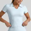 Nueva Camiseta Deportiva de Manga Corta con Cuello Solapa de Juyitang, Ajustada, Color Sólido, Top para Yoga para Mujer