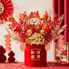 Balde de Bênção de Ano Novo com Flores Artificiais Vermelhas, Atraindo Riqueza e Fortuna, Ornamento do Deus da Riqueza para Cerimônias de Inauguração, Decoração de Sala de Estar, Presente de Inauguração