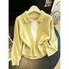 Blusa de Tricô Manga Longa Patchwork Color Block para Mulheres Design de Início de Outono Senso de Design Nicho Único Exquisito Blusa Falsa de Duas Peças